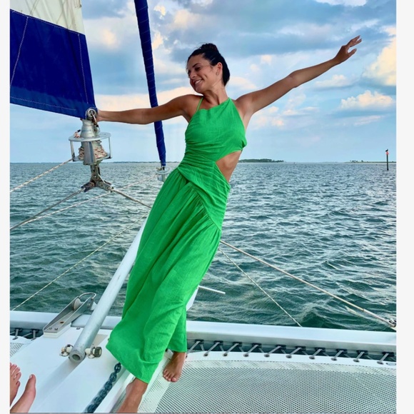 Asymmetrical Green Dress Cut Out Ruched Maxi Lace Up Back - Picture 13 of 15